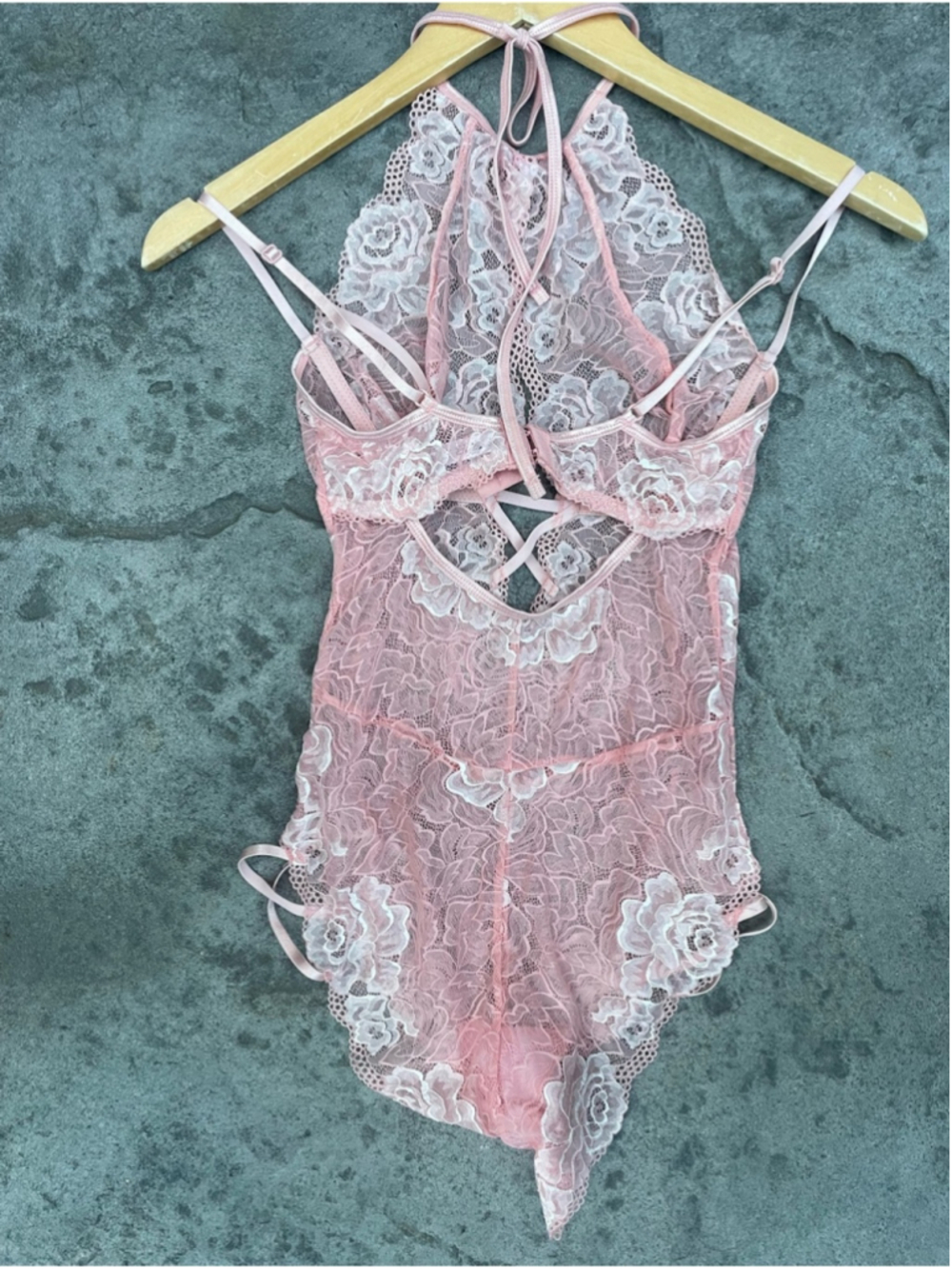 Coquette Pink Floral Lace Teddy Bodysuit Lingerie Halter Neck Open Back Size M - Picture 7 of 7